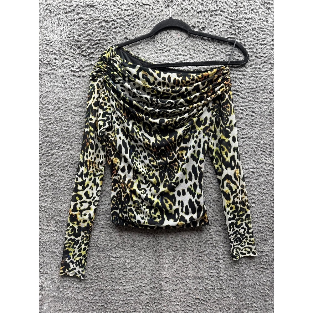 Afrm Barry Asymmetric Shoulder Leopard Print Long Sleeve Top Womens Size S